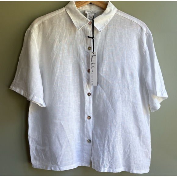 NICOLE MILLER 100% Linen Short Sleeve White Button Up Shirt Sz Small Coastal - Picture 1 of 9